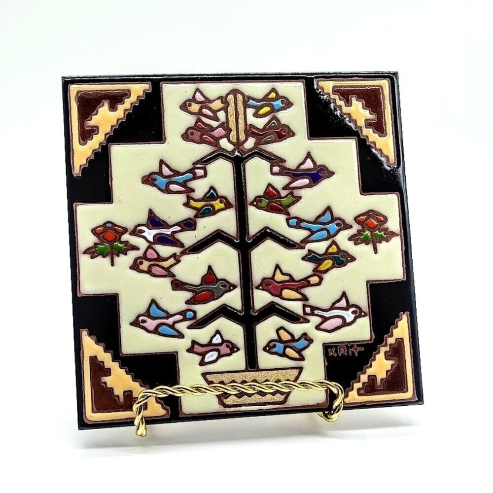 Vintage Earthtones Tree of Life Spirit Birds Art Ceramic Tile Trivet NWT